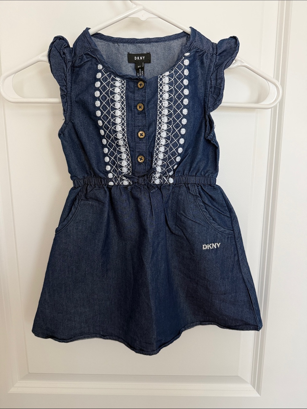 DKNY Girls' Navy Blue Sleeveless Embroidered Denim Dress